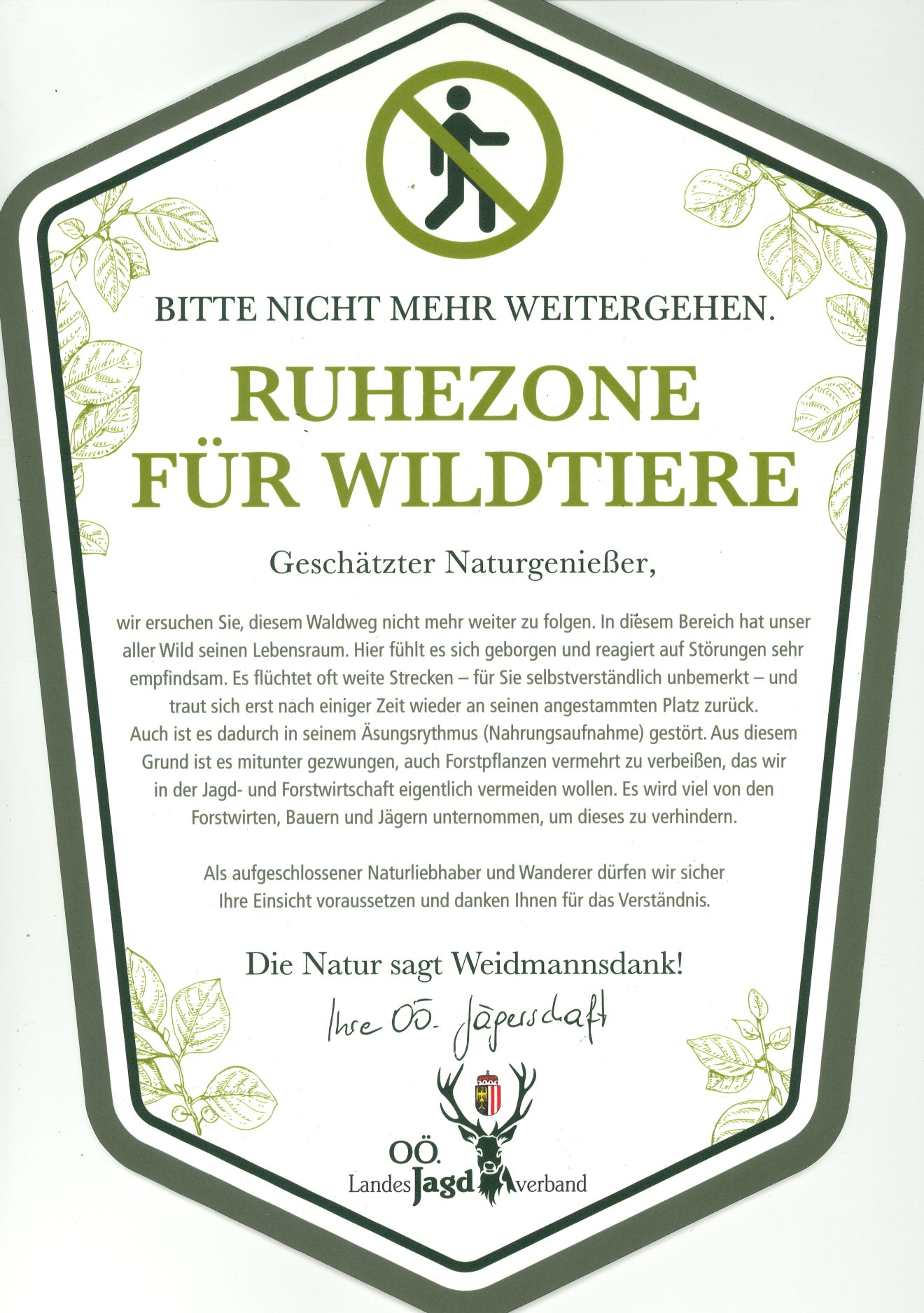 Hinweistafel Ruhezone für Wildtiere