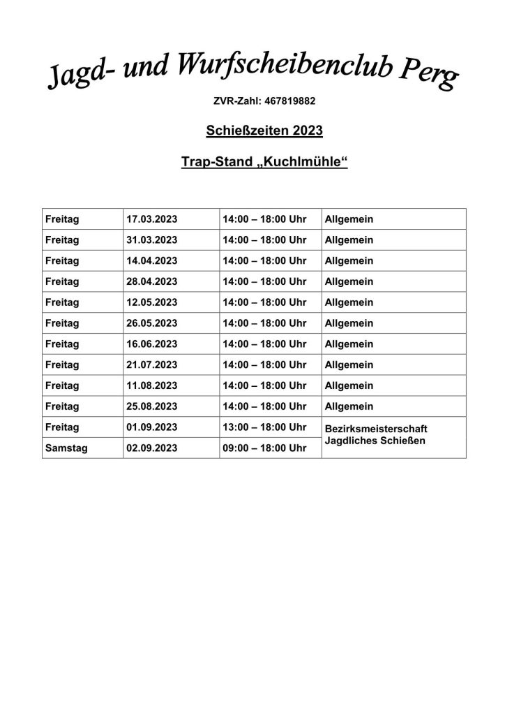 Schießtermine Trapstand Kuchlmühle, OÖ LJV